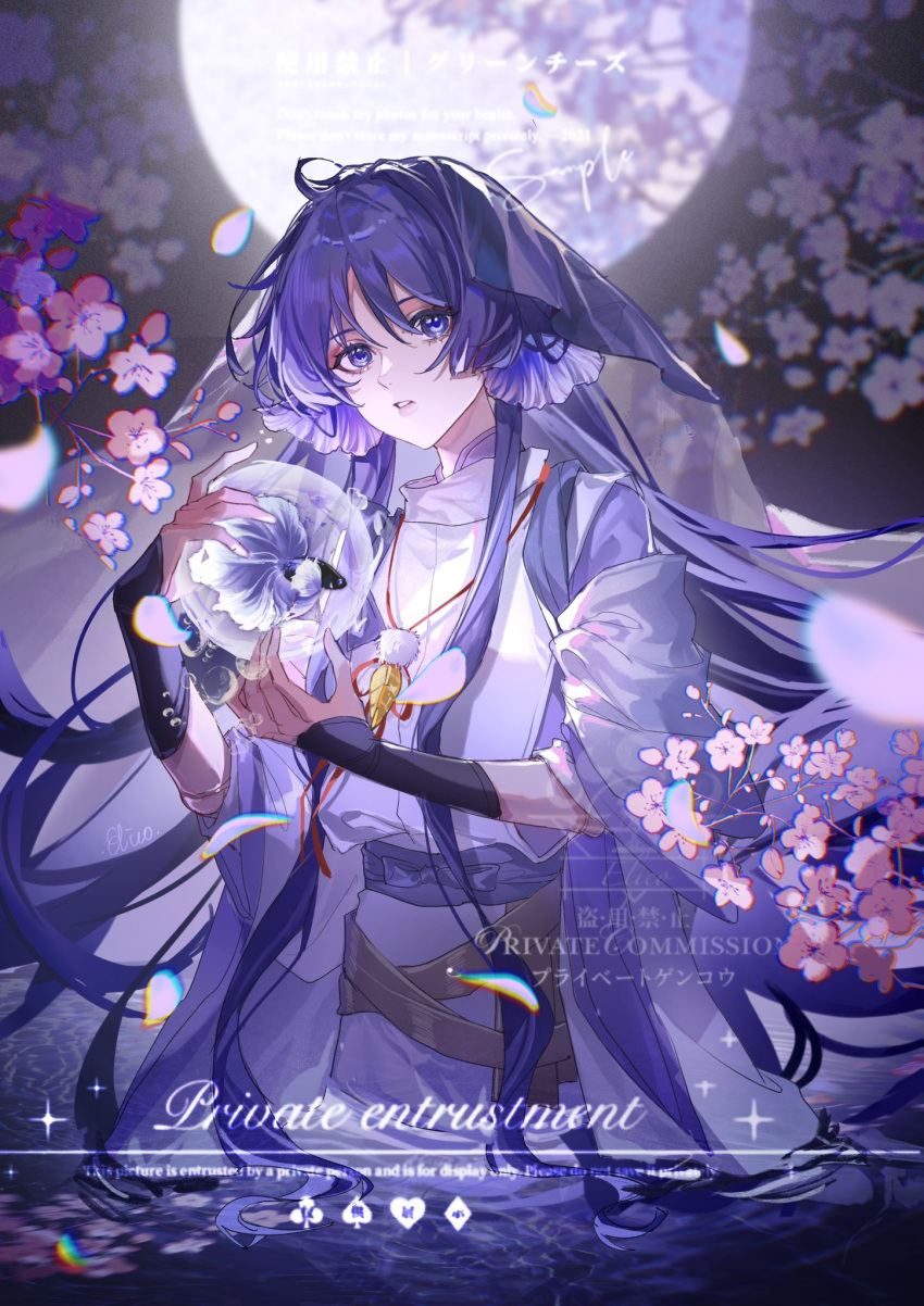 1boy ahoge alternate_hair_length alternate_hairstyle androgynous armor belt black_eyes blunt_ends bubble cherry_blossoms commission doll_joints elicooc eyelashes eyeliner eyeshadow falling_petals feathers fish full_moon genshin_impact highres japanese_armor japanese_clothes joints kariginu kimono kote kurokote layered_clothes layered_kimono layered_sleeves long_hair looking_at_viewer loose_hair_strand makeup male_focus mandarin_collar moon open_hand parted_lips partially_submerged petals pom_pom_(clothes) purple_hair purple_kimono purple_sash purple_sleeves purple_veil red_eyeliner red_eyeshadow sample_watermark sash scaramouche_(genshin_impact) scaramouche_(kabukimono)_(genshin_impact) see-through_clothes see-through_veil sleeves_rolled_up solo string v-neck veil very_long_hair watermark white_kimono white_mouth yellow_belt yellow_feathers