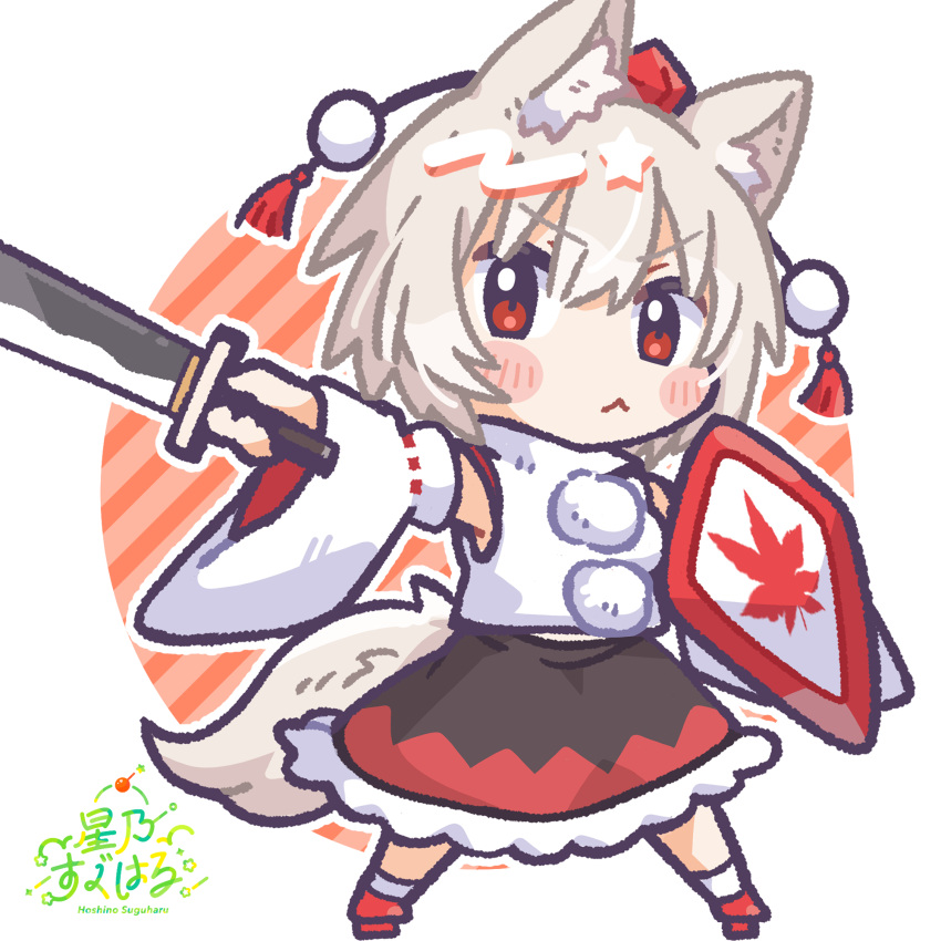 1girl :< animal_ear_fluff animal_ears armpits black_skirt blush_stickers closed_mouth detached_sleeves full_body geta hat highres holding holding_shield holding_sword holding_weapon inubashiri_momiji looking_at_viewer red_eyes red_footwear shield shirt short_hair skirt socks solo suguharu86 sword tail tengu-geta tokin_hat touhou weapon white_background white_hair white_shirt white_sleeves white_socks wolf_ears wolf_girl wolf_tail