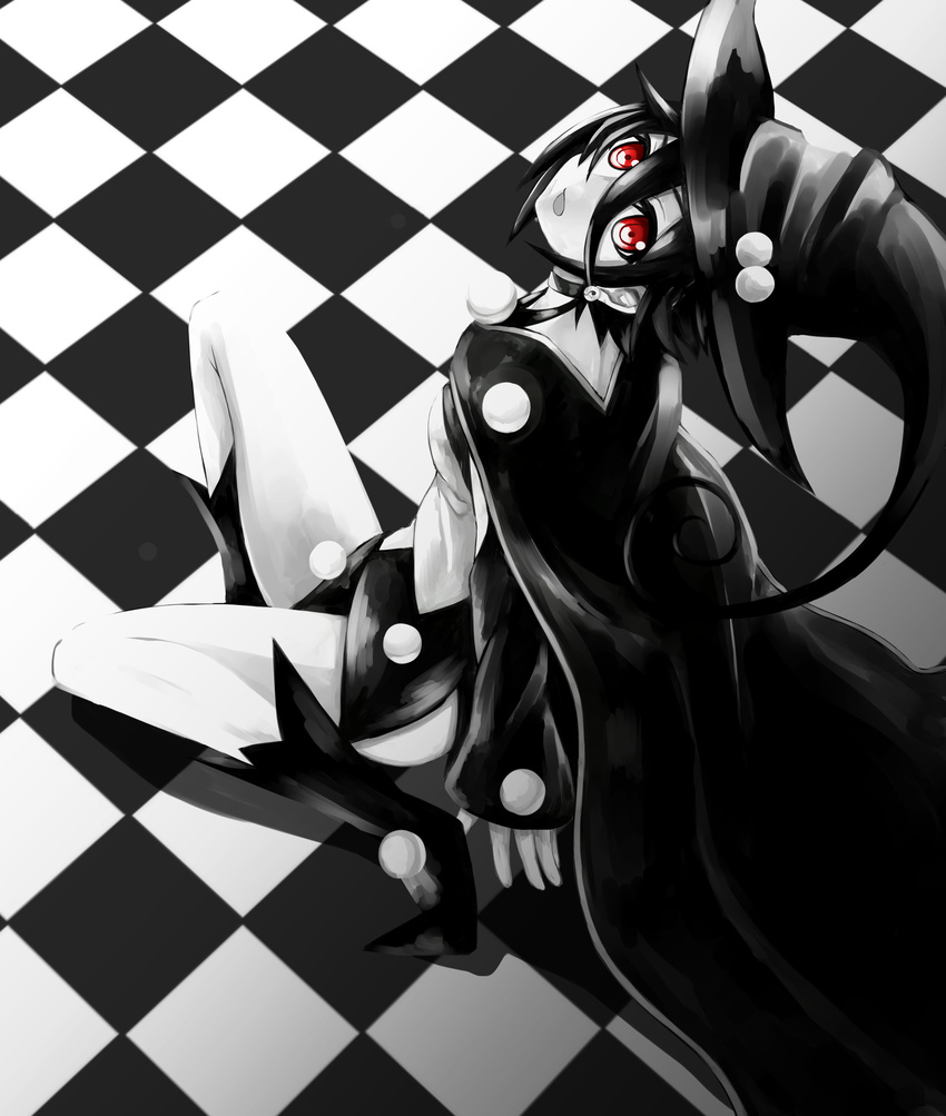 absurdres arm_warmers black_hair breasts checkered checkered_floor choker earrings hat highres jewelry kazumi_(kazumi_magica) looking_at_viewer looking_up magical_girl mahou_shoujo_kazumi_magica mahou_shoujo_madoka_magica medium_breasts open_mouth red_eyes short_hair skirt smile solo underboob witch_hat