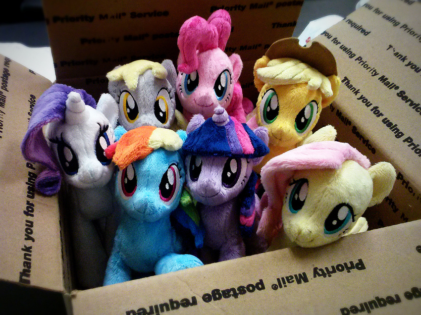 applejack_(mlp) blonde_hair blue_eyes box buttercupbabyppg cowboy_hat derp_eyes derpy_hooves_(mlp) english_text equine eyeshadow female fluttershy_(mlp) friendship_is_magic green_eyes group hair hat horn horse looking_at_viewer makeup mammal multi-colored_hair my_little_pony pegasus pink_hair pinkie_pie_(mlp) plushie pony purple_eyes purple_hair rainbow_dash_(mlp) rainbow_hair rarity_(mlp) real text twilight_sparkle_(mlp) unicorn winged_unicorn wings yellow_eyes