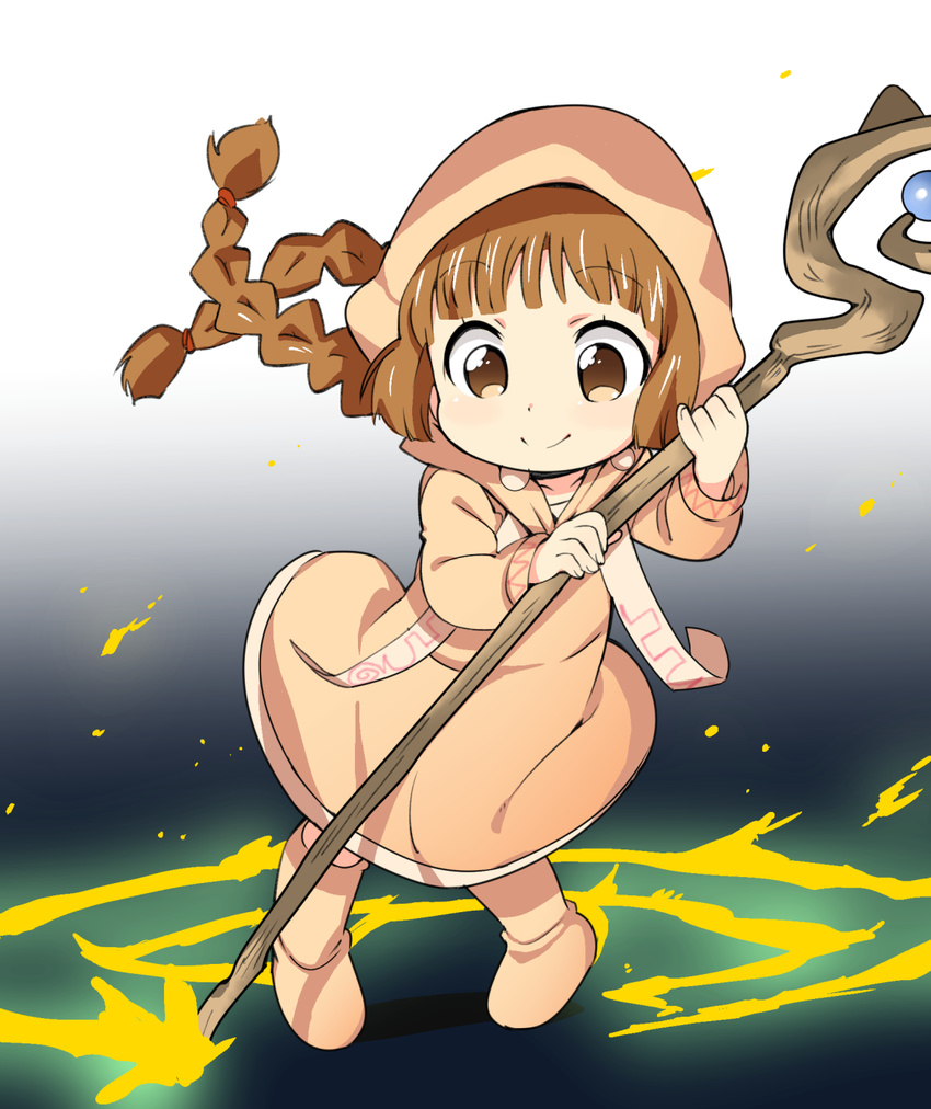 bangs blunt_bangs boots braid brown_eyes brown_hair child cloak collarbone full_body gradient gradient_background highres holding hood kukuri long_hair looking_down magic_circle mahoujin_guruguru neibii smile solo staff twin_braids