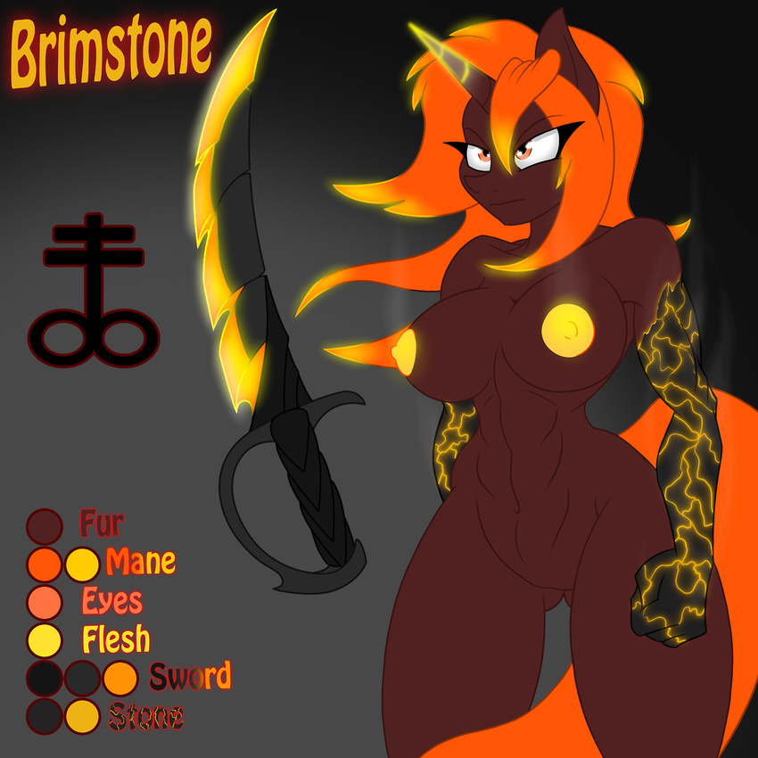 abs anthro anthrofied blonde_hair breasts cutie_mark equine featureless_crotch female glowing hair horn jrvanesbroek mammal model_sheet muscles my_little_pony nipples nude orange_eyes orange_hair original_character shiny solo steam sword two_tone_hair unicorn weapon