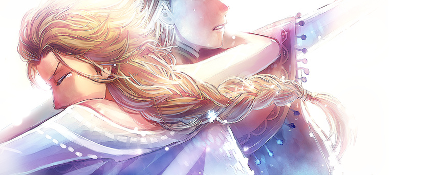 anna_(frozen) backlighting bare_shoulders blonde_hair braid capelet closed_eyes dress elsa_(frozen) frozen_(disney) huamuan_huamuan hug long_hair multiple_girls outstretched_arm siblings sisters spoilers tears twin_braids