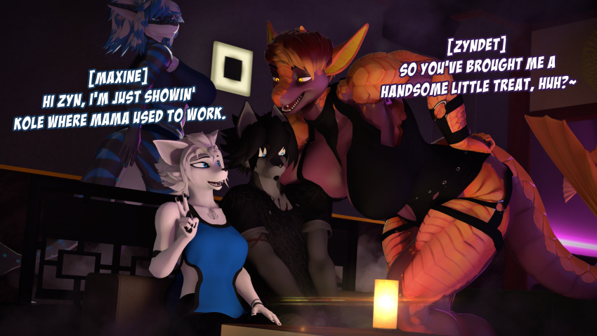 3d_(artwork) absurd_res anthro breast_squish breasts canid canine canis club digital_media_(artwork) dim_lighting domibun dragon female fish fox glowing glowing_eyes group harness hi_res kole_(domibun) lamp male mammal marine maxine_(domibun) mythological_creature mythological_scalie mythology nika_sharkeh scalie shark smile smiling_at_another source_filmmaker_(artwork) squish trio wolf worried worried_face worried_look zyndet_firefly