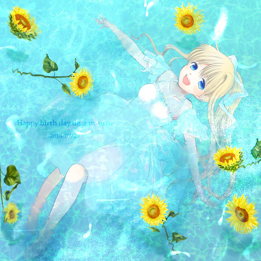 :d afloat air blonde_hair blue_eyes casual collarbone dress feathers flower happy_birthday highres kamio_misuzu kayune_niu long_hair looking_at_viewer lying open_mouth outstretched_arms partially_submerged ponytail smile solo spread_arms sunflower very_long_hair white_dress