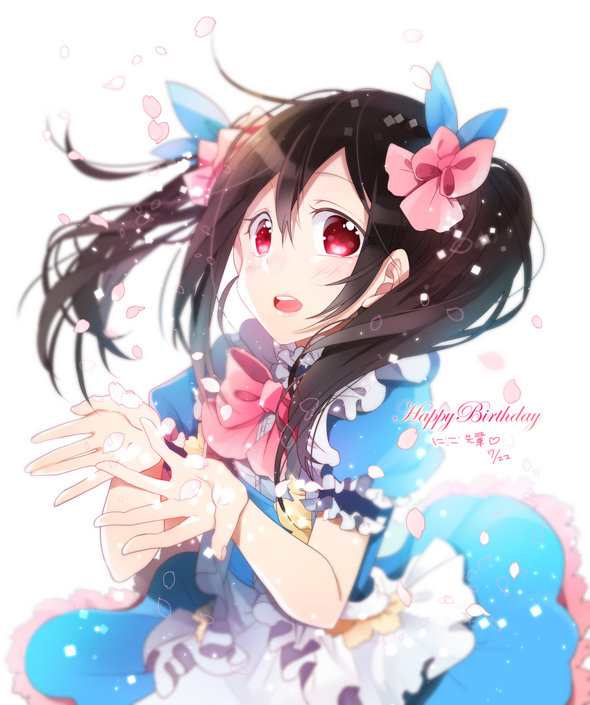 absurdres black_hair blue_dress bow dress hair_bow hair_ribbon happy_birthday highres love_live! love_live!_school_idol_project open_mouth petals puffy_short_sleeves puffy_sleeves red_eyes ribbon short_hair short_sleeves solo twintails yazawa_nico yukiko_(tesseract)