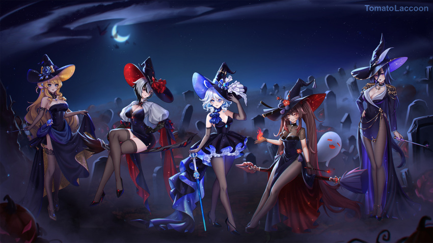 5girls :d ahoge alternate_breast_size alternate_costume arlecchino_(genshin_impact) artist_name ascot bare_shoulders black_dress black_footwear black_gloves black_hair black_hat black_pantyhose black_thighhighs blonde_hair blue_ascot blue_eyes blue_hair blue_pupils boo_tao_(genshin_impact) breasts broom broom_riding brown_hair candle choker cleavage clorinde_(genshin_impact) closed_mouth collarbone commentary crescent_moon crossed_legs detached_collar dress drill_hair drill_sidelocks drop-shaped_pupils elbow_gloves fire flower-shaped_pupils full_body full_moon furina_(genshin_impact) genshin_impact glitter_dress gloves grey_thighhighs grin hair_between_eyes hand_on_headwear hand_on_own_hip hat hat_feather heterochromia high_heels highres holding holding_wand hu_tao_(genshin_impact) large_breasts light_blue_hair light_blush long_hair looking_at_viewer medium_breasts medium_hair moon multicolored_hair multiple_girls navia_(genshin_impact) night night_sky outdoors paid_reward_available pantyhose purple_eyes purple_lips pyrokinesis red_dress red_eyes red_hair red_hat red_lips red_pupils see-through_cleavage see-through_clothes side_slit sidelocks sitting skirt_hold sky smile solo splendor_of_tranquil_waters_(genshin_impact) standing strapless strapless_dress streaked_hair symbol-shaped_pupils thighhighs thighs tomatolaccoon tombstone twintails two-tone_dress two-tone_hat very_long_hair wand white_hair witch_hat x-shaped_pupils