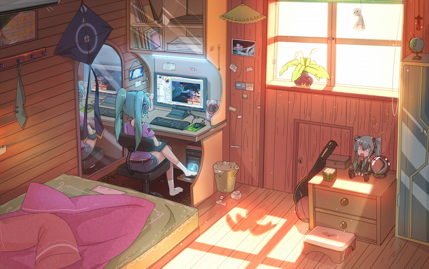 aqua_hair bai_yemeng basketball bed book bookshelf chair computer crossed_legs desk globe hachune_miku hatsune_miku headphones keyboard_(computer) kite mirror monitor necktie plant potted_plant racket reflection rubik's_cube sitting socks solo teruterubouzu trash_can twintails vocaloid window