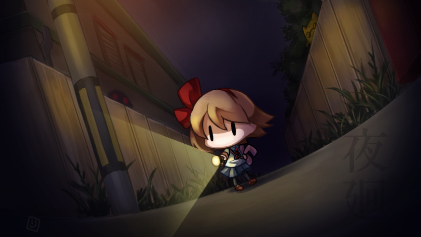 bag building cat chibi fence flashlight ghost grass hair_between_eyes hair_ribbon loafers monster night outdoors pleated_skirt pole protagonist_(yomawari) red_ribbon ribbon road ryofuhiko school_uniform shoes short_hair short_sleeves shoulder_bag skirt yomawari yomawari:_night_alone