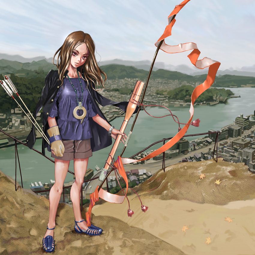 amon_(mulciber) arrow bow_(weapon) brown_eyes brown_hair city gloves highres jacket jacket_on_shoulders jewelry leaf long_hair necklace original partly_fingerless_gloves pink_eyes river sandals shoes shorts single_glove solo weapon yugake