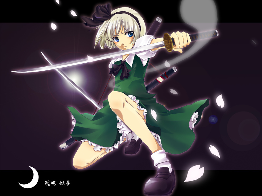 bad_id bad_pixiv_id black_hairband blue_eyes character_name dual_wielding ghost hairband highres holding katana konpaku_youmu konpaku_youmu_(ghost) mocha_(ng) short_hair silver_hair solo sword touhou weapon