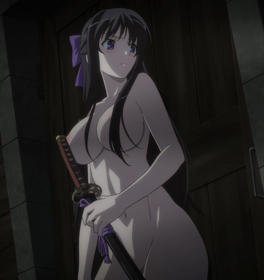 1girl black_hair blue_eyes breasts highres large_breasts long_hair nipples nude ryuzouji_akane solo standing stitched sword walkure_romanze weapon