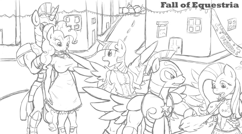 anthro anthrofied armor banner big_breasts black_and_white breasts building canterlot clothing collar dress equine fall_of_equestria female fluttershy_(mlp) foe friendship_is_magic galea group hair helmet horn leash male mammal monochrome my_little_pony nipples outside pegasus pinkie_pie_(mlp) poprocks royal_guard_(mlp) sketch slave street surprise topless torn_clothing twilight_sparkle_(mlp) unicorn winged_unicorn wings