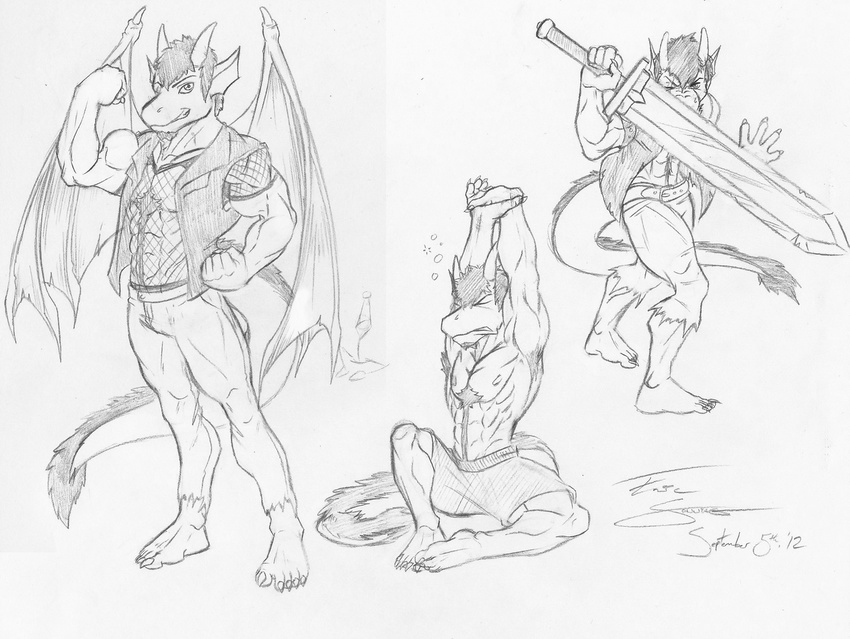 armpits barazoku body_hair briefs chest_hair claws clothing dragon felam_(jaysilverfox) fishnet_shirt flexing frost_dragon fur guarding hairy happy_trail hindpaw horn leather_jacket male muscles paws pose pubes scar scarred_eye signature stretching sword tail_tuft torn_clothing tuft underwear weapon