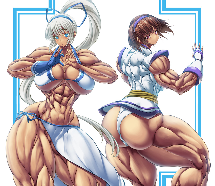 2girls abs breasts extreme_muscles highres huge_breasts impossible_clothes majikina_mina multiple_girls muscle nakoruru purukogi_(plasma_beach) simple_background sweat