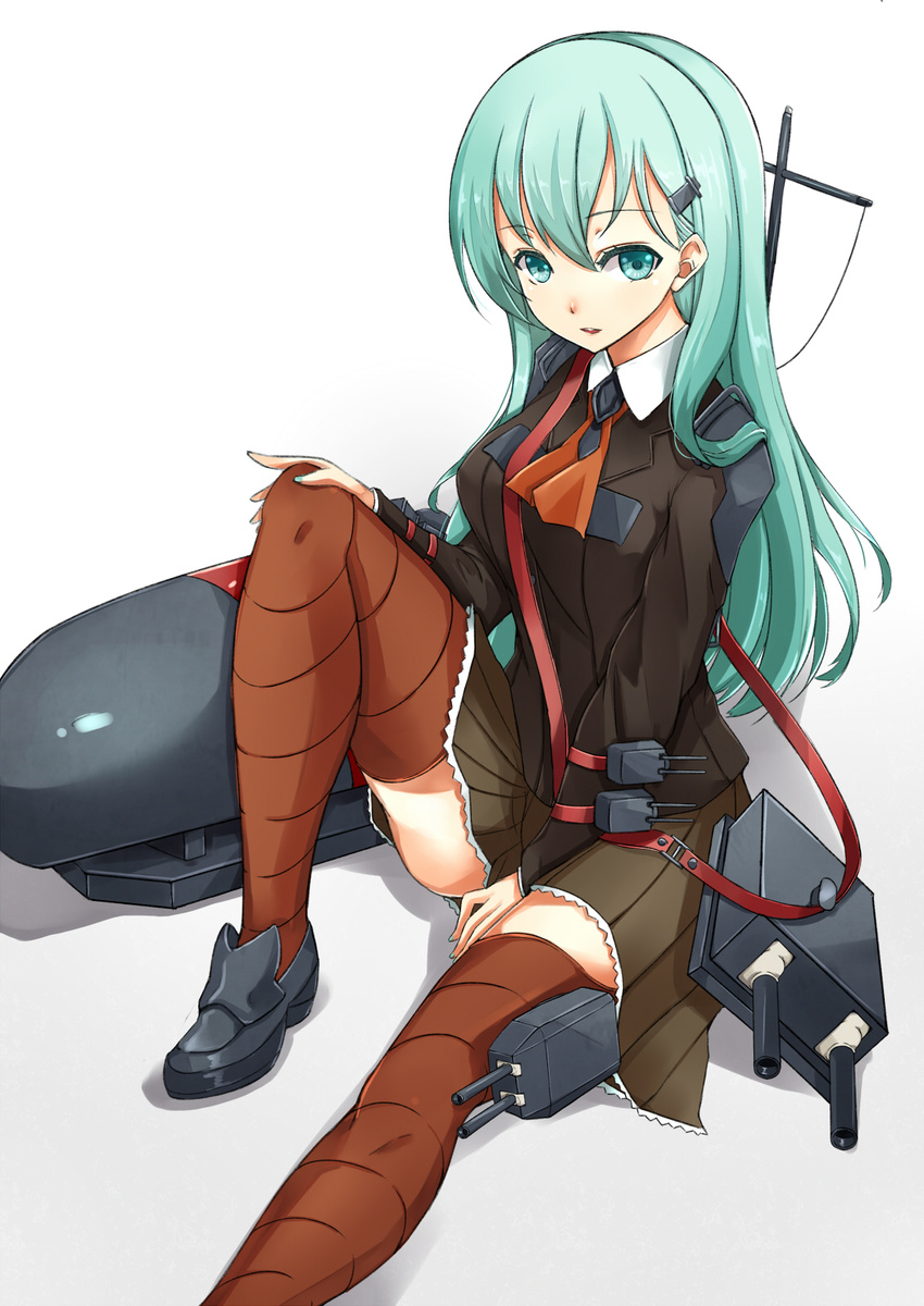 aqua_eyes aqua_hair ascot asya blazer blouse breasts brown_legwear cannon hair_ornament hairclip highres jacket kantai_collection long_hair looking_at_viewer medium_breasts open_mouth school_uniform skirt smile solo suzuya_(kantai_collection) thighhighs turret zettai_ryouiki