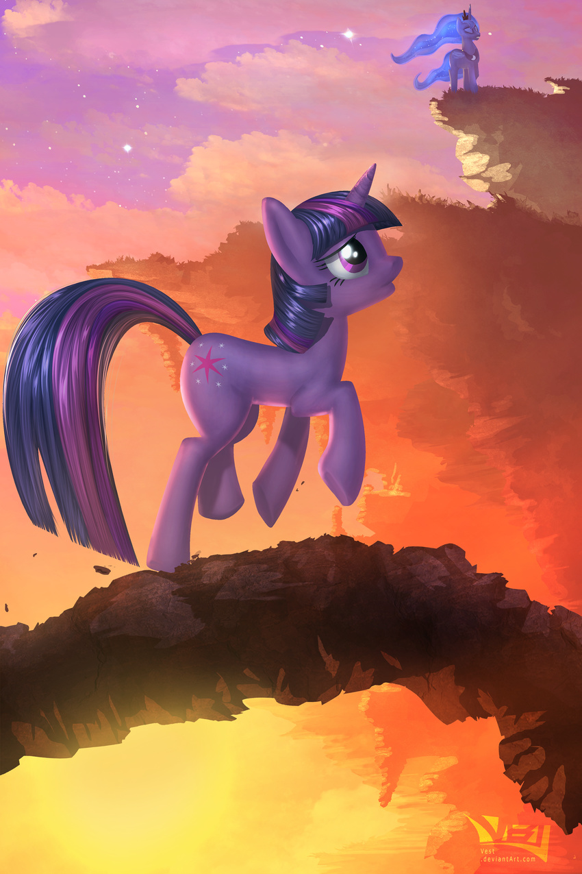 blue_body blue_hair bridge cliff cloud crown cutie_mark equine eyes_closed female friendship_is_magic grass hair hi_res horn horse jewelry mammal multi-colored_hair my_little_pony necklace pink_hair pony princess_luna_(mlp) purple_body purple_eyes purple_hair solo star star_hair three_color_hair tiara twilight_sparkle_(mlp) unicorn vest_(artist) winged_unicorn wings