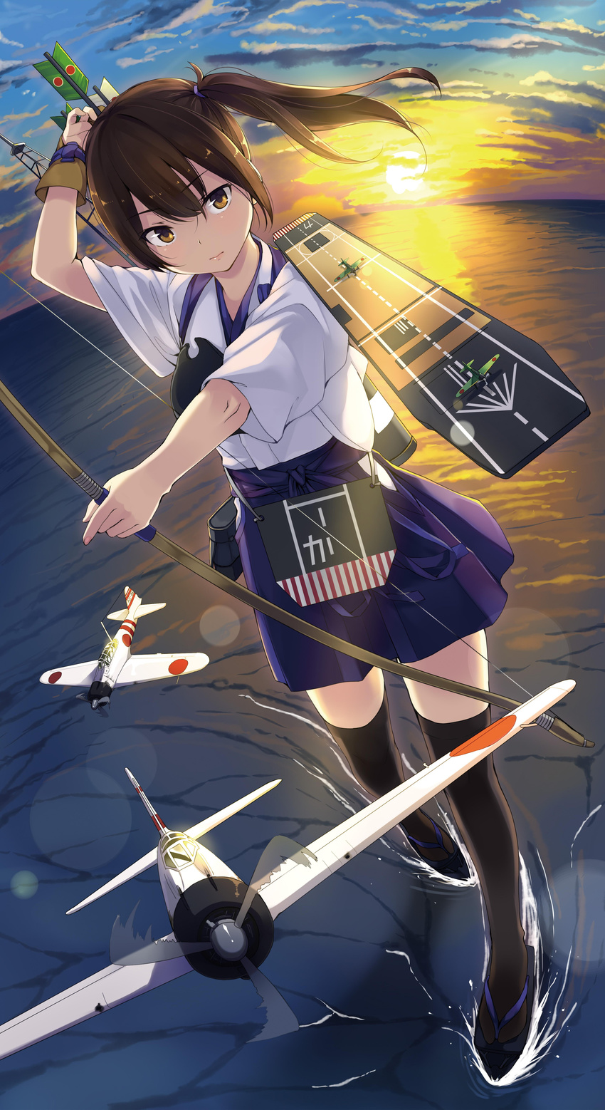 absurdres aircraft airplane archery arrow bangs black_legwear bow_(weapon) brown_eyes brown_hair clog_sandals cloud flight_deck gloves hakama_skirt highres japanese_clothes kaga_(kantai_collection) kantai_collection kyuudou muneate ocean partly_fingerless_gloves side_ponytail sideways skirt sky solo standing standing_on_liquid sun tasuki thighhighs unasaka_ryou weapon yugake zettai_ryouiki