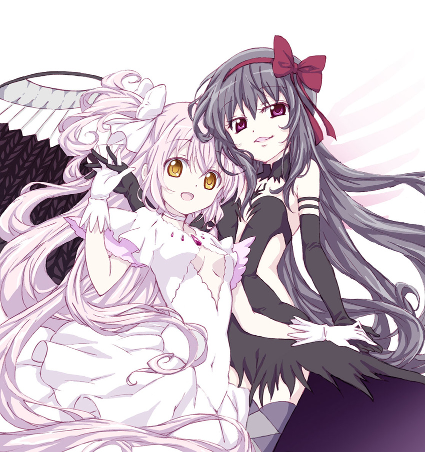 :d absurdly_long_hair akemi_homura akuma_homura argyle argyle_legwear bare_shoulders black_gloves black_hair black_wings bow choker covered_navel dress elbow_gloves feathered_wings gloves hair_bow holding_hands interlocked_fingers kaname_madoka long_hair looking_at_viewer mahou_shoujo_madoka_magica mahou_shoujo_madoka_magica_movie multiple_girls open_mouth pink_hair purple_eyes shimotsuki_nashi simple_background smile spoilers thighhighs two_side_up ultimate_madoka very_long_hair white_background white_dress white_gloves wings yellow_eyes yuri zettai_ryouiki