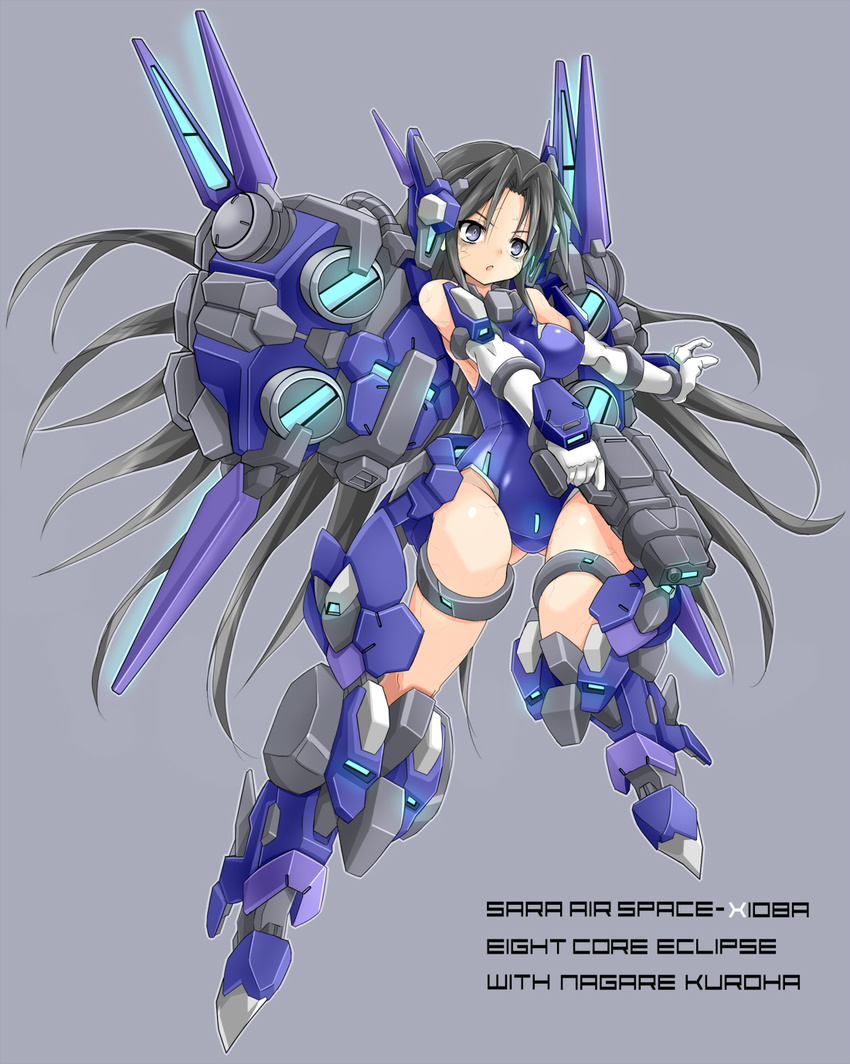 black_hair blue_eyes blue_leotard breasts densou_tenshi_valforce elbow_gloves gloves grey_background gun handgun highres karukan_(monjya) kuroha_nagare leotard long_hair mecha_musume medium_breasts robot_ears solo thigh_strap thrusters weapon white_gloves