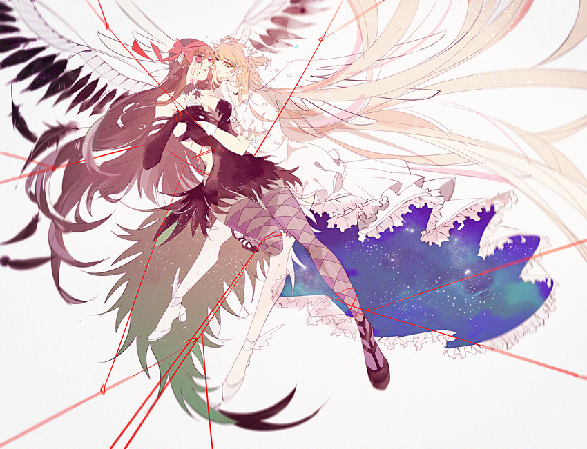 absurdly_long_hair akemi_homura akuma_homura argyle argyle_legwear bad_id bad_pixiv_id bare_shoulders black_gloves black_hair black_wings bow choker dress elbow_gloves eye_contact feathered_wings feathers gloves hair_bow heterochromia holding_hands kaname_madoka long_hair looking_at_another mahou_shoujo_madoka_magica mahou_shoujo_madoka_magica_movie multiple_girls pink_hair purple_eyes red_eyes red_ribbon ribbon spoilers star_(sky) tears thighhighs two_side_up ultimate_madoka very_long_hair white_dress white_gloves wings yellow_eyes yuri zettai_ryouiki