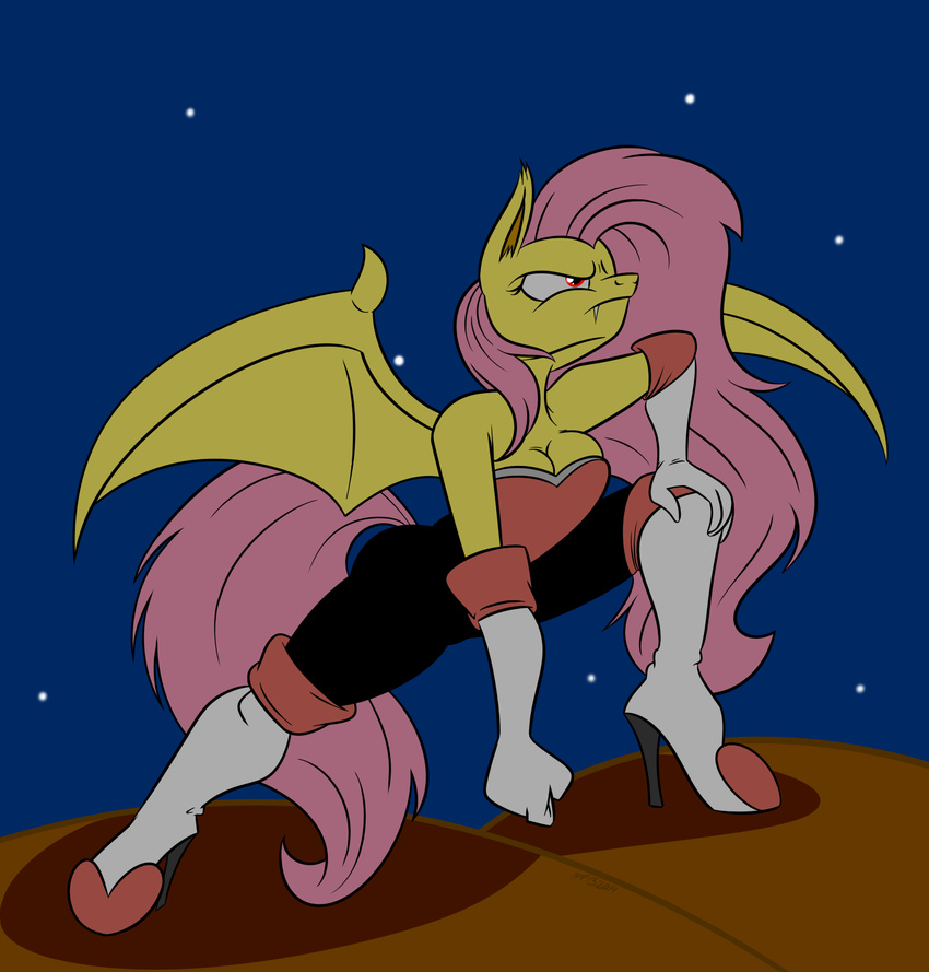 anthro anthrofied bat_wings boots breasts cleavage clothed clothing corset costume elbow_gloves equine fangs female flutterbat_(mlp) fluttershy_(mlp) friendship_is_magic gloves hair heels high_heels mammal messy_hair my_little_pony mysteryfanboy718 night outside pegasus pink_hair red_eyes rogue rouge_the_bat sega sky solo sonic_(series) stars wings