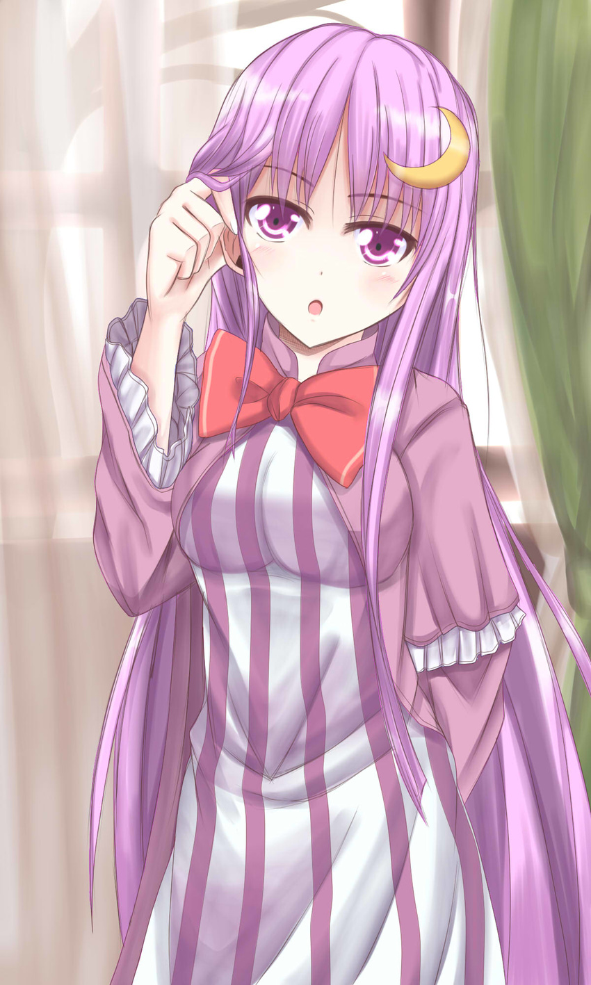 arms_behind_back bad_id bad_pixiv_id crescent crescent_hair_ornament curtains frilled_sleeves frills hair_ornament hair_tousle highres impossible_clothes indoors long_hair looking_at_viewer open_mouth pajamas patchouli_knowledge pov purple_eyes purple_hair solo touhou very_long_hair wendell