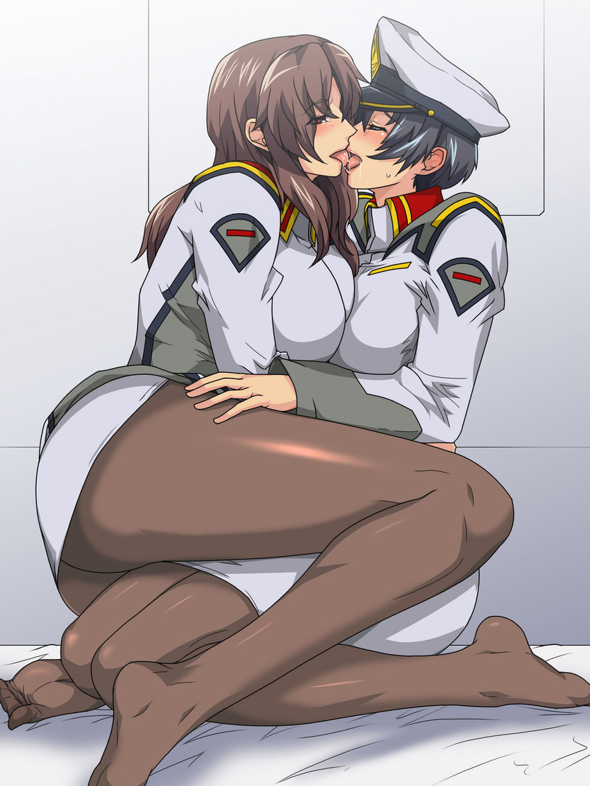 2girls breast_press breasts gundam gundam_seed gureko_rouman kiss large_breasts multiple_girls murrue_ramius natarle_badgiruel symmetrical_docking tongue yuri