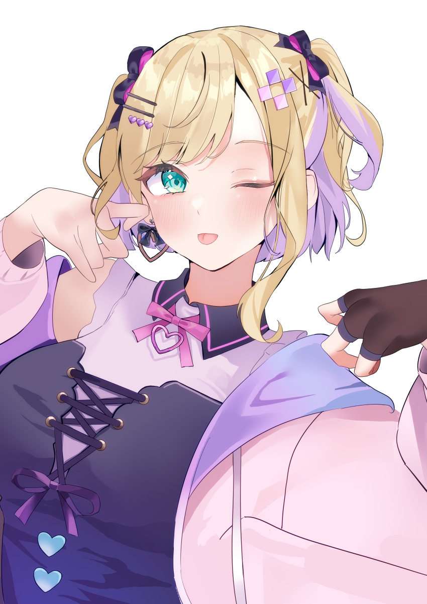 1girl absurdres aqua_eyes asymmetrical_sidelocks blonde_hair bow colored_inner_hair curled_fingers earrings fingerless_gloves gloves hair_bow hair_ornament hairpin highres jacket jewelry kurumi_noah kurumi_noah_(3rd_costume) multicolored_hair multiple_hairpins nakano_kura neck_ribbon one_eye_closed parted_bangs pink_jacket purple_hair ribbon shirt simple_background single_bare_shoulder single_glove sleeveless sleeveless_shirt solo swimsuit tongue tongue_out two_side_up upper_body virtual_youtuber vspo! white_background