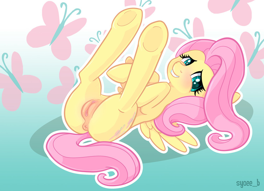 blush equine female feral fluttershy_(mlp) friendship_is_magic fur green_eyes hair lying mammal my_little_pony on_back pegasus pink_hair presenting pussy solo syoee_b wings yellow_fur