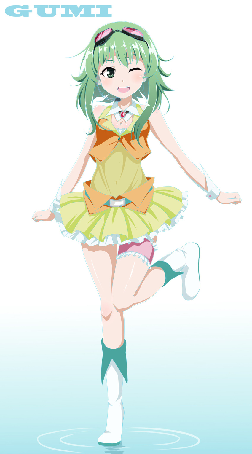 absurdres aoki_minami_(+box) blush boots character_name full_body goggles goggles_on_head green_eyes green_hair gumi headset highres leg_up long_hair one_eye_closed open_mouth short_hair skirt smile solo standing standing_on_one_leg vocaloid