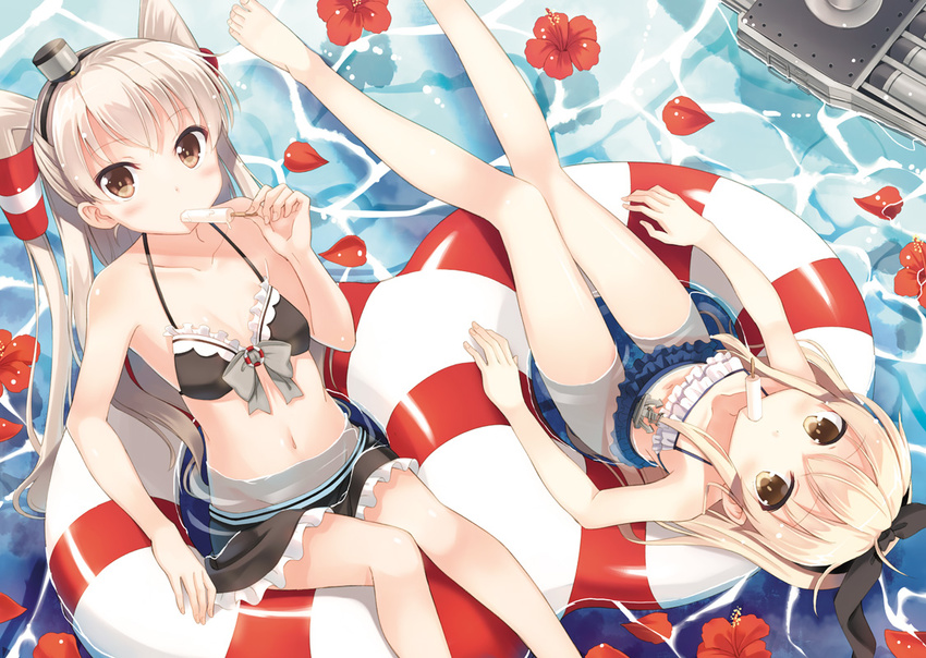 amatsukaze_(kantai_collection) bare_shoulders barefoot bikini bikini_skirt black_bikini blonde_hair blush bow breasts brown_eyes collarbone flower food food_in_mouth frilled_bikini frills hair_bow hair_ribbon hat hibiscus hyuuga_azuri innertube kantai_collection long_hair looking_at_viewer mini_hat mini_top_hat mouth_hold multiple_girls navel partially_submerged petals popsicle reclining ribbon shimakaze_(kantai_collection) shiny shiny_skin small_breasts swimsuit thigh_gap top_hat twintails two_side_up water