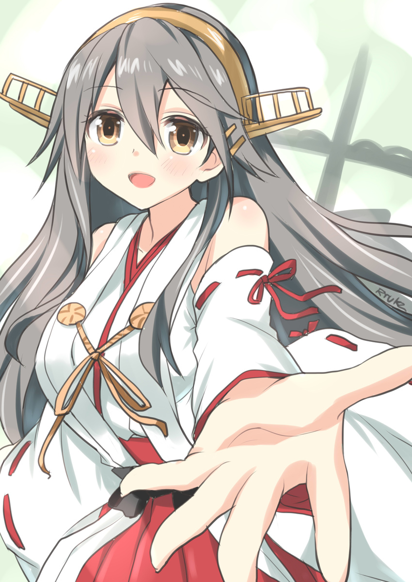 1girl absurdres bare_shoulders black_hair brown_eyes commentary_request detached_sleeves hair_ornament hairband hairclip haruna_(kancolle) highres japanese_clothes kantai_collection long_hair looking_at_viewer nontraditional_miko open_mouth outstretched_arm ryuki_(ryukisukune) skirt smile solo
