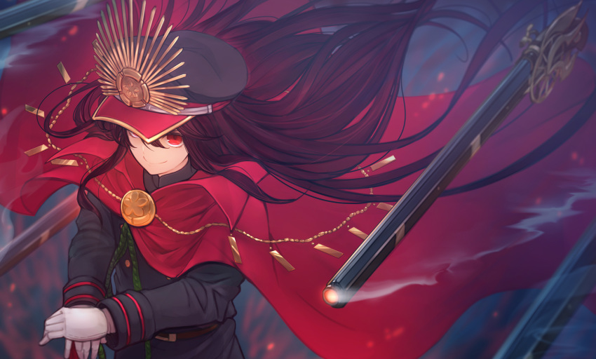 1girl belt black_hair cape closed_mouth commentary_request fate_(series) floating floating_hair floating_object gloves gun hair_between_eyes hands_on_hilt hat japanese_clothes koha-ace long_hair looking_at_viewer looking_up military_hat oda_nobunaga_(fate) oda_uri peaked_cap red_cape red_eyes smile smoke solo teko uniform weapon white_gloves