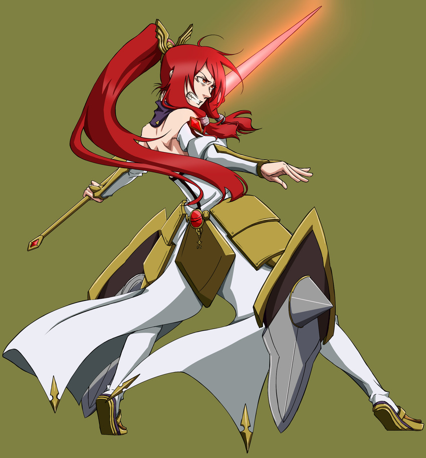 armor armored_dress back bad_id bad_pixiv_id bared_teeth blazblue blazblue:_chronophantasma coattails detached_sleeves faulds full_body glowing glowing_sword glowing_weapon hair_tubes highres izayoi_(blazblue) long_hair oomura_(blau89blau) ponytail red_eyes red_hair shield simple_background solo weapon