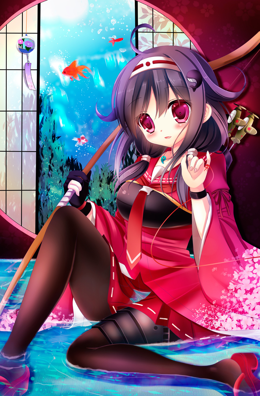 1girl :d ahoge aircraft airplane arrow_(projectile) black_gloves black_pantyhose blush bow_(weapon) commentary_request fish gloves goldfish hair_ornament hands_up headband highres in_water japanese_clothes kantai_collection kimono knee_up looking_at_viewer muneate open_mouth pantyhose partially_submerged photoshop_(medium) purple_eyes purple_hair red_ribbon ribbon round_window ryuuhou_(kancolle) sitting smile string string_of_fate taigei_(kancolle) weapon whale_hair_ornament wind_chime window yuutsuki_hina