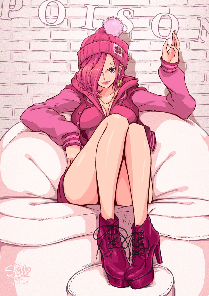 artist_request bangs blue_eyes blush breasts brick_wall cleavage closed_mouth collarbone collarbones curvy earrings english_text facing_viewer hair_over_one_eye hand_up happy hat high_heels highres hood hood_down hoodie jacket jewelry knees_together_feet_together knees_up large_breasts long_sleeves looking_at_viewer navel necklace one_eye_covered one_piece pink_hair pink_hat pink_jacket pink_shoes shoelaces shoes short_hair sitting smile solo vinsmoke_reiju wall waving winter_clothes writing_on_wall