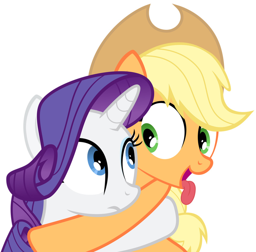 2014 absurd_res alpha_channel applejack_(mlp) blonde_hair blue_eyes duo equine eye_contact female feral freckles friendship_is_magic fur green_eyes hair hi_res horn horse magister39 mammal my_little_pony orange_fur plain_background pony purple_hair rarity_(mlp) tongue tongue_out transparent_background unicorn white_fur