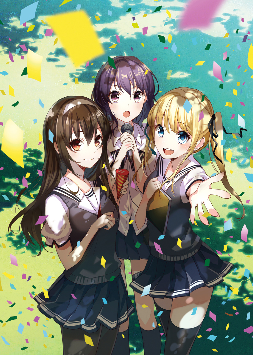 :d :o absurdres black_legwear blonde_hair blue_eyes brown_eyes brown_hair commentary_request confetti hair_ribbon highres hyoudou_michiru jpeg_artifacts kasumigaoka_utaha long_hair md5_mismatch microphone multiple_girls open_mouth outstretched_arm pantyhose purple_eyes purple_hair ribbon saenai_heroine_no_sodatekata sawamura_spencer_eriri school_uniform short_hair skirt smile standing sweater_vest thighhighs twintails yuzuki_kihiro