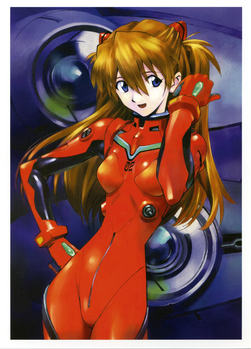 :d absurdres adjusting_hair bangs blue_eyes bodysuit bracer breasts brown_hair cowboy_shot eva_02 gloves hair_between_eyes hand_on_hip hand_up happy headgear highres hips leaning_to_the_side legs_together long_hair looking_at_viewer mecha neon_genesis_evangelion number official_art open_mouth pale_skin pilot_suit plugsuit red_bodysuit sadamoto_yoshiyuki scan shiny shiny_clothes skin_tight skinny slender_waist small_breasts smile solo souryuu_asuka_langley standing turtleneck two_side_up