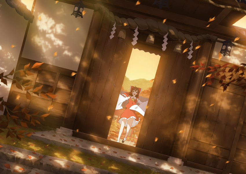 anime_coloring brown_eyes brown_hair detached_sleeves door dutch_angle gate hair_ribbon hakurei_reimu hakurei_shrine highres outdoors ribbon short_hair skirt smile solo tamamono_atae touhou