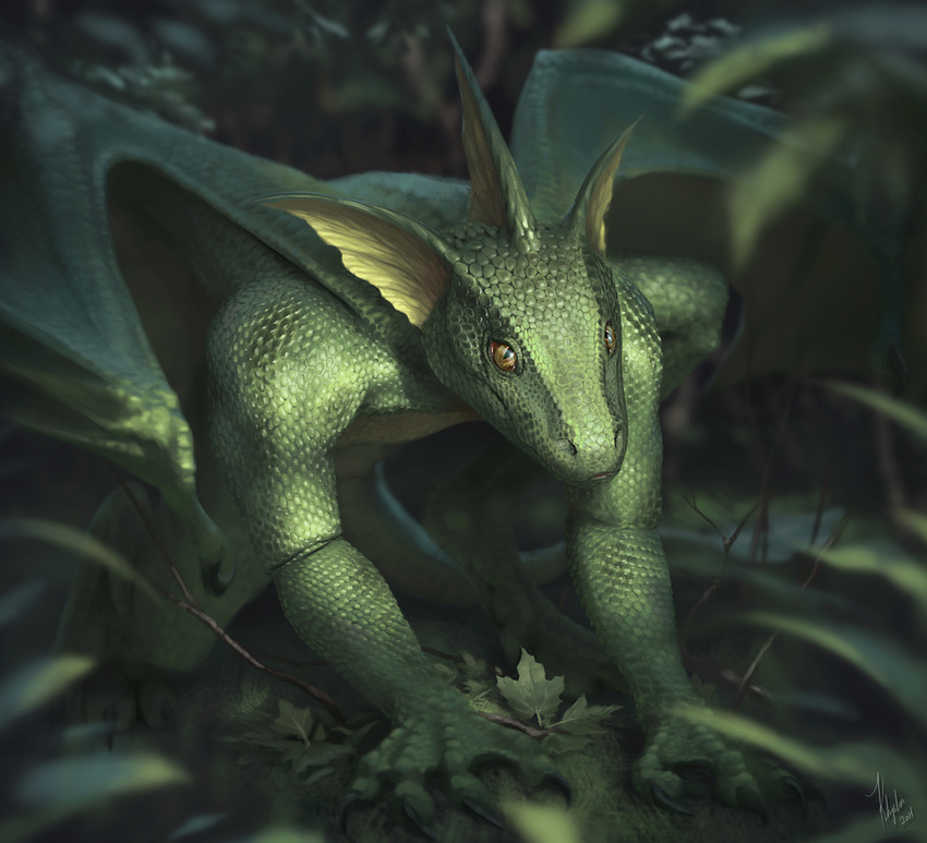 2014 all_fours ambiguous_gender claws crouched forest_scene grass headfins khyaber leaves scalie solo wings