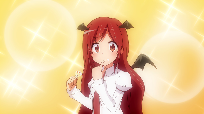 anime_coloring armband bad_id bad_pixiv_id bat_wings blush cake dress_shirt finger_to_mouth food food_on_face fork head_wings juliet_sleeves koakuma long_hair long_sleeves looking_at_viewer mikomiko_(mikomikosu) necktie puffy_long_sleeves puffy_sleeves red_eyes red_hair red_neckwear shirt solo sparkle touhou very_long_hair white_shirt wings
