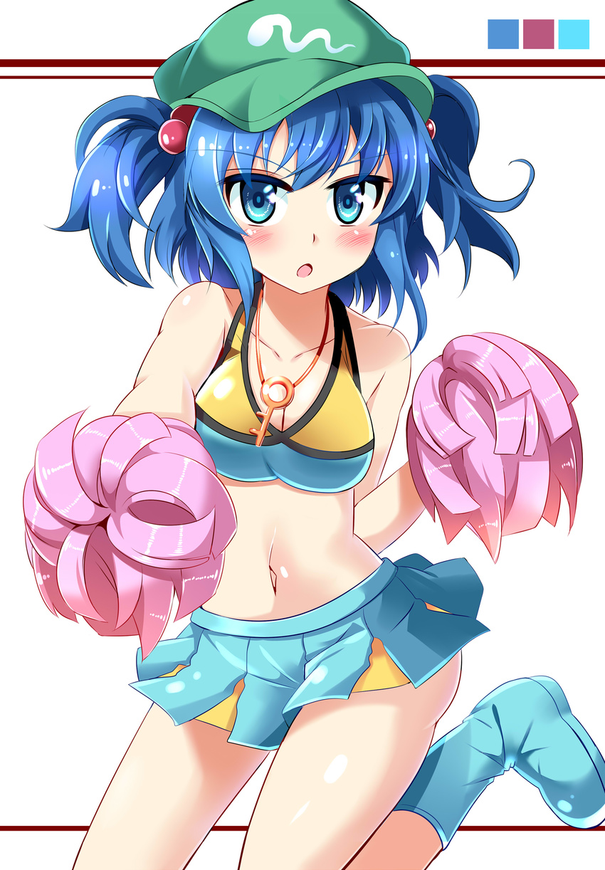 absurdres blue_eyes blue_hair blush cheerleader e.o. hat highres kawashiro_nitori key looking_at_viewer midriff navel open_mouth pom_poms short_hair skirt solo touhou two_side_up