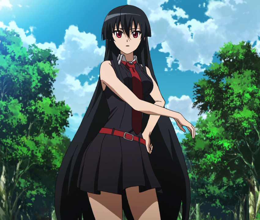 1girl akame akame_ga_kill! black_hair highres long_hair red_eyes screencap skirt solo standing stitched summer