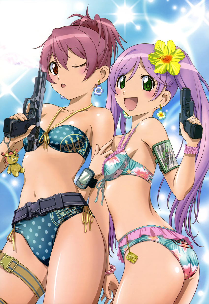 :d absurdres arm_holding ass bandeau beretta_92 bikini earrings fingernails flat_ass floral_print flower flower_earrings frilled_bikini frills front-tie_top glock green_eyes gun hair_flower hair_ornament halterneck handgun hibiscus highres jewelry kasugano_urara_(sabagebu!) locked_slide logo long_fingernails long_hair mole mole_under_mouth multiple_girls navel non-web_source nyantype official_art one_eye_closed open_mouth pink_hair pistol polka_dot polka_dot_bikini polka_dot_swimsuit print_bikini red_eyes red_hair sabagebu! shiny shiny_skin short_hair side-tie_bikini smile smoke smoking_gun sonokawa_momoka swimsuit trigger_discipline twintails weapon