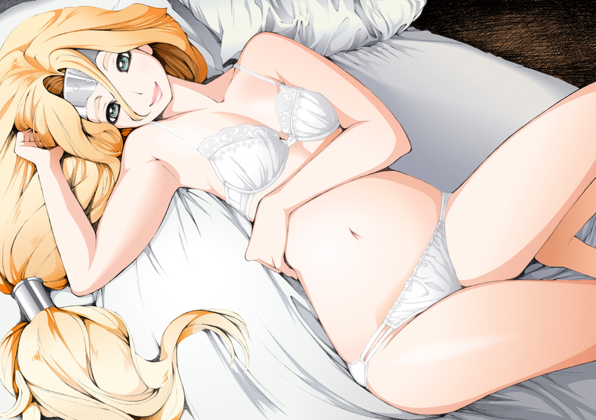 bed bed_sheet blonde_hair blue_eyes bra circlet dragon_quest dragon_quest_vi highres jewelry lips long_hair looking_at_viewer low-tied_long_hair lying masayan_(minor-ms) mireyu on_back panties pillow smile solo underwear underwear_only white_bra white_panties