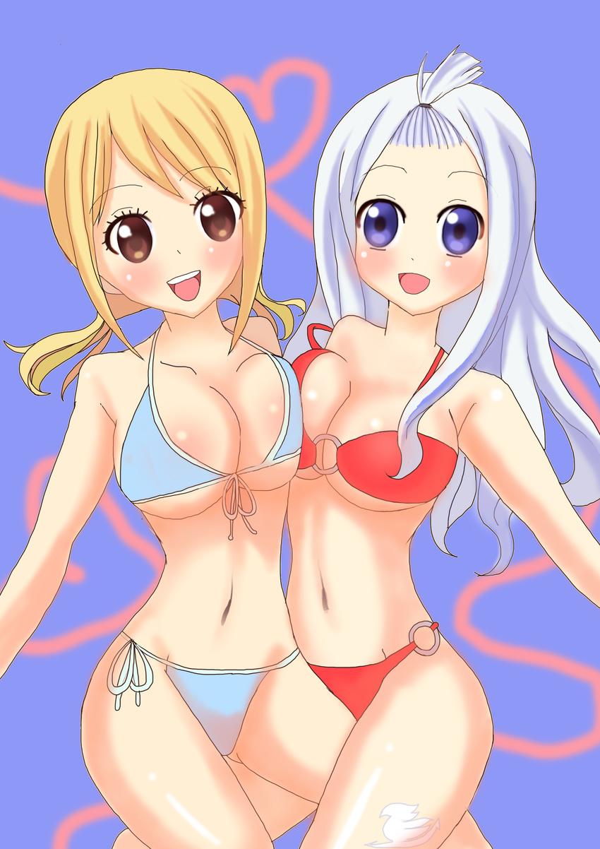 2girls bikini blonde_hair breasts envy_(artist) fairy_tail highres kodansha long_hair lucy_heartfilia mirajane mirajane_strauss multiple_girls swimsuit twintails white_hair