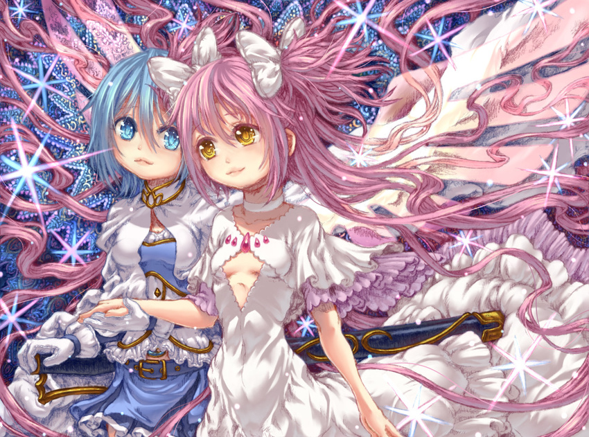 belt blue_eyes blue_hair bow cape dress eye_contact gloves hair_bow holding_hands kaname_madoka katzeh looking_at_another magical_girl mahou_shoujo_madoka_magica miki_sayaka multiple_girls pink_hair scabbard sheath soul_gem spoilers sword two_side_up ultimate_madoka weapon wings yellow_eyes