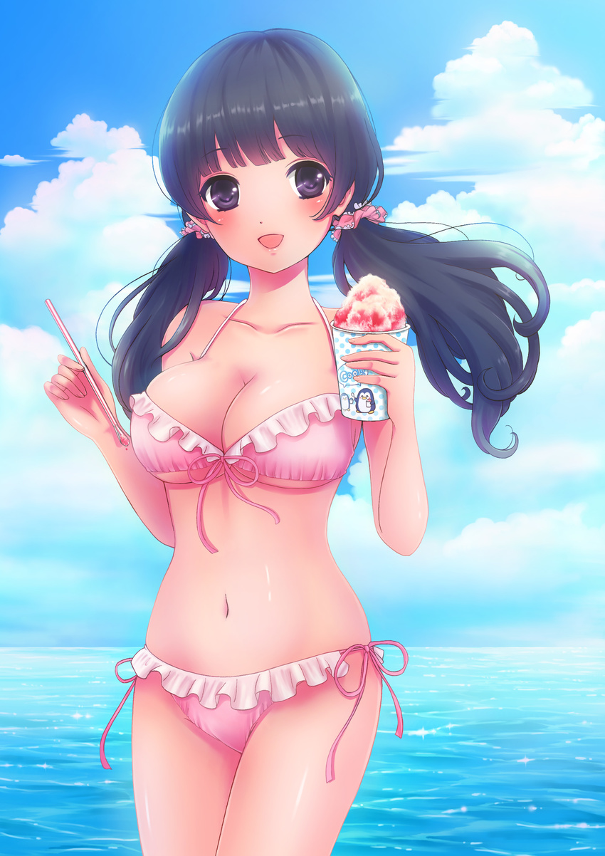 :d absurdres bangs bare_arms bikini black_hair blush breasts cleavage cloud collarbone cowboy_shot day drinking_straw frilled_bikini frills front-tie_bikini front-tie_top highres large_breasts long_hair looking_at_viewer nanashiki_fuuka navel ocean open_mouth original outdoors purple_eyes shaved_ice side-tie_bikini sky smile solo spoon_straw swimsuit twintails underboob water